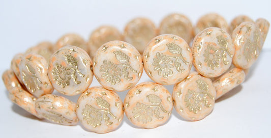 Round Flat With Flower Marguerite Pressed Glass Beads, Chalk White Lava Glass Orange 54202 (3000 Lava Glass Orange 54202), Glass, Czech Republic