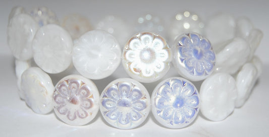 Flat Round With Flower Pressed Glass Beads, White Ab (2010 Ab), Glass, Czech Republic