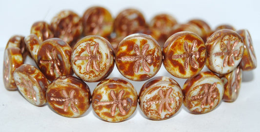 Round Flat Wit Dragonfly Pressed Glass Beads, White 86 54200 (2010 86 54200), Glass, Czech Republic
