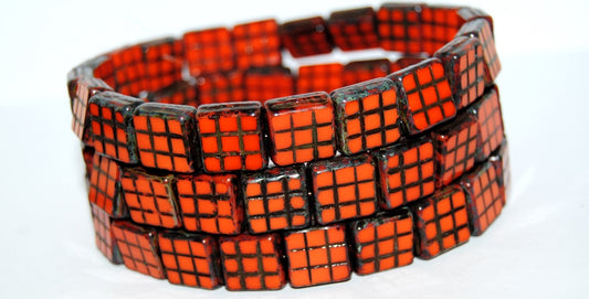 Table Cut Square Beads With Grid, Deep Orange  Travertin (93140 86800), Glass, Czech Republic