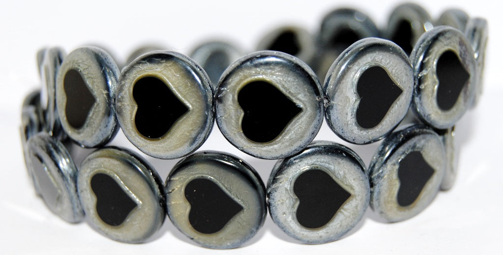 Table Cut Round Beads With Heart, 17019 Hematite (17019 14400), Glass, Czech Republic