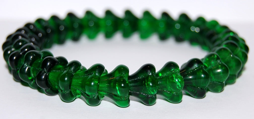 Bell Flower Pressed Glass Beads, Transparent Green Emerald (50150), Glass, Czech Republic