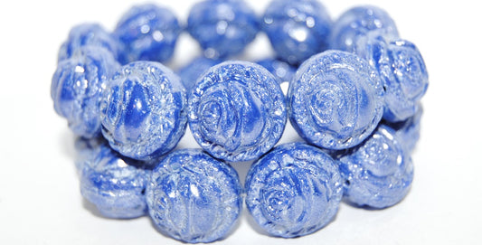 Round With Rose Flower Pressed Glass Beads, Rich Blue Hematite (33060 14400), Glass, Czech Republic