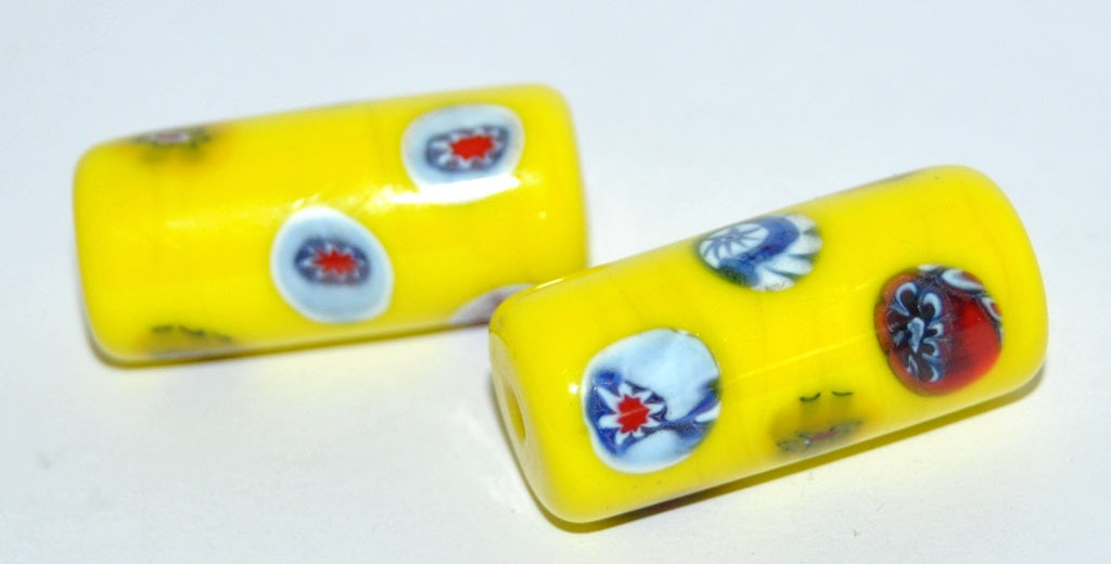 Czech Glass Hand Made Roller Tube Lampwork Beads With Flowers, (3013 G), Glass, Czech Republic