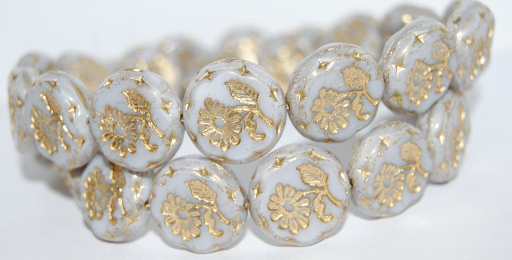 Round Flat With Flower Marguerite Pressed Glass Beads, (46006 54202), Glass, Czech Republic