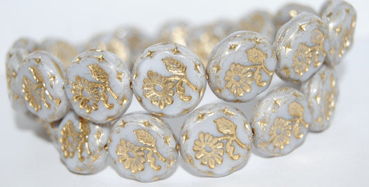 Round Flat With Flower Marguerite Pressed Glass Beads, (46006 54202), Glass, Czech Republic