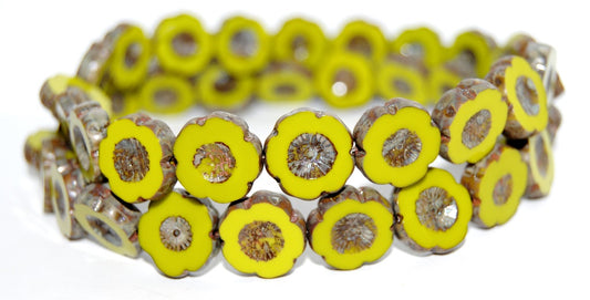 Table Cut Round Beads Hawaii Flowers, Opaque Green 43400 (53400 43400), Glass, Czech Republic