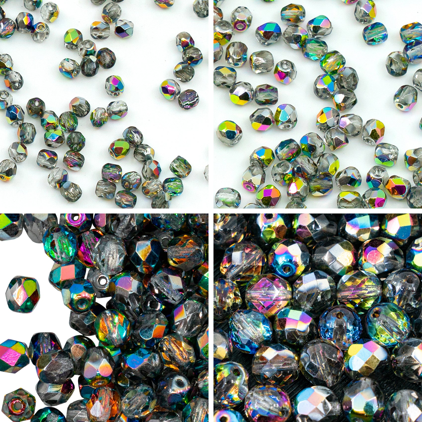 275 pcs set of Czech Faceted Glass Beads, Fire-Polished Round Crystal Vitrail - 3mm (100pcs), 4mm (100pcs), 6mm (50pcs), 8mm (25pcs) kit for jewelry making