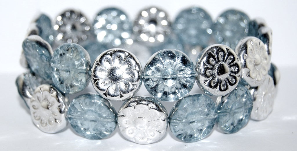 Flat Round With Flower Pressed Glass Beads, Transparent Blue Crystal Silver Half Coating (30020 27001), Glass, Czech Republic