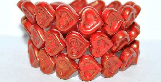 Heart With Heart Pressed Glass Beads, Red Terracotta Red (93190 15495), Glass, Czech Republic