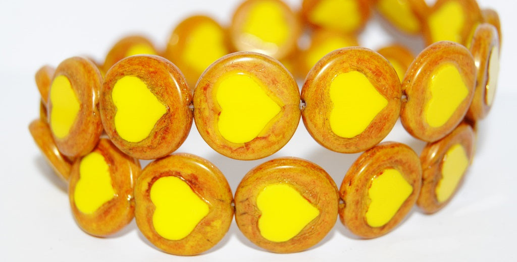 Table Cut Round Beads With Heart, Yellow Luster Red Full Coated (83120 14495), Glass, Czech Republic