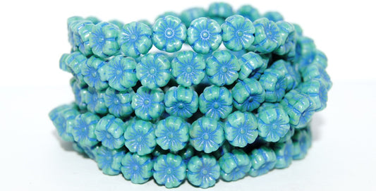Hawaii Flower Pressed Glass Beads, Opal Aqua 46430 (61300 46430), Glass, Czech Republic