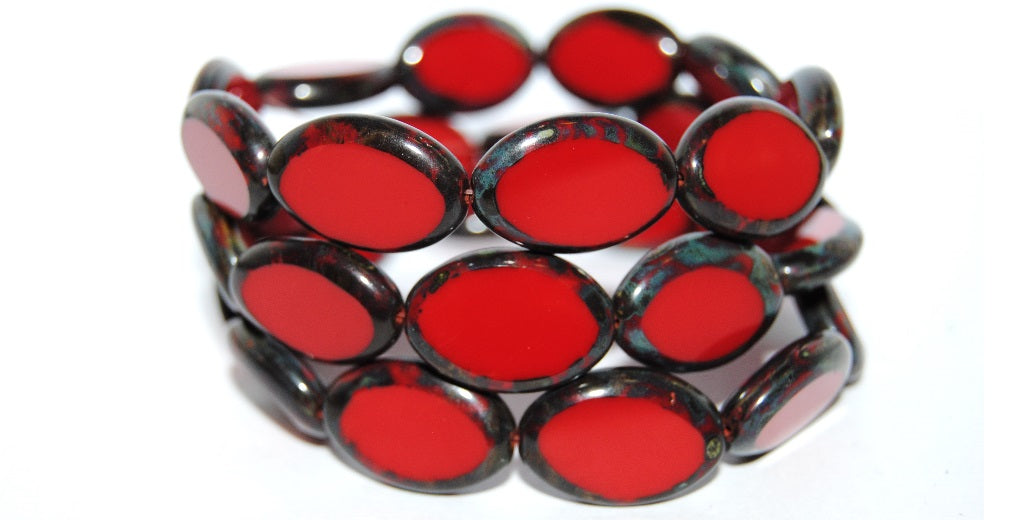 Table Cut Oval Beads Roach, Opaque Red Travertin (93200 86800), Glass, Czech Republic