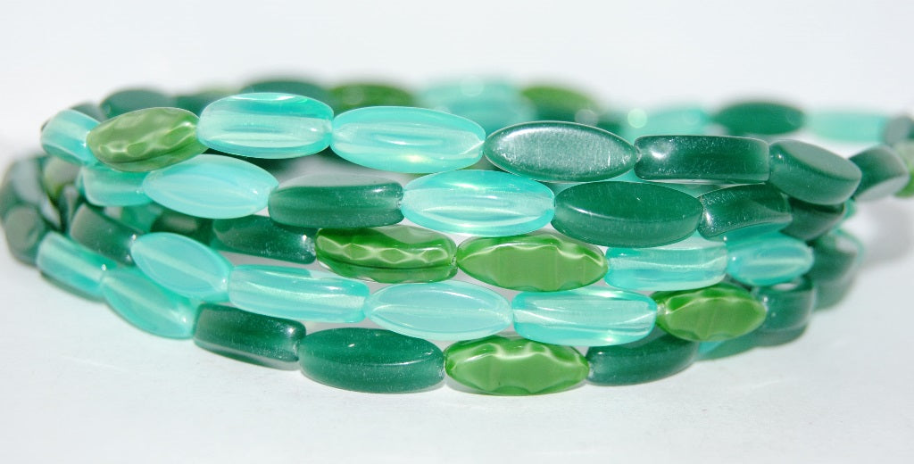 Boat Oval Pressed Glass Beads, Mixed Colors Green (Mix Green), Glass, Czech Republic