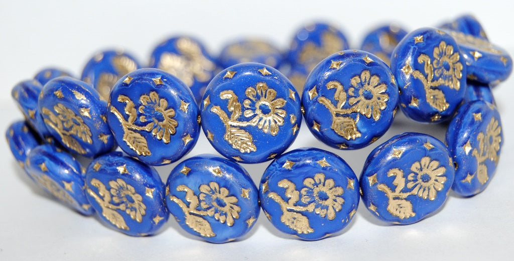 Round Flat With Flower Marguerite Pressed Glass Beads, Blue With Rainbow Plated 54202 (34020 54202), Glass, Czech Republic