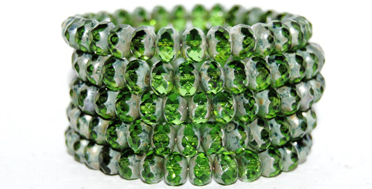 Faceted Special Cut Rondelle Fire Polished Beads, Transparent Green 43400 (50130 43400), Glass, Czech Republic