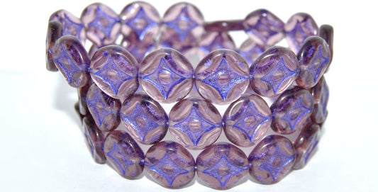 Flat Round With 4-Point Star Pressed Glass Beads, Transparent Light Amethyst 43810 Metalic (20040 43810 Metalic), Glass, Czech Republic