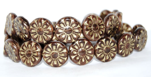 Flat Round With Flower Pressed Glass Beads, (17602 54202), Glass, Czech Republic