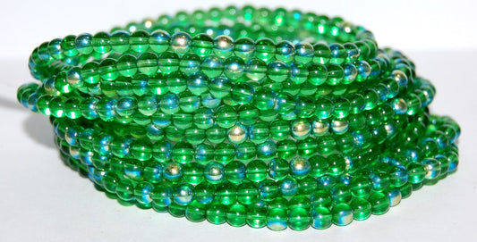 Round Pressed Glass Beads Druck, Emerald Green Ab (50120 Ab), Glass, Czech Republic