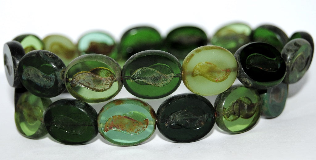 Table Cut Oval Beads With Tilda, Green Travertin (Green 86800), Glass, Czech Republic