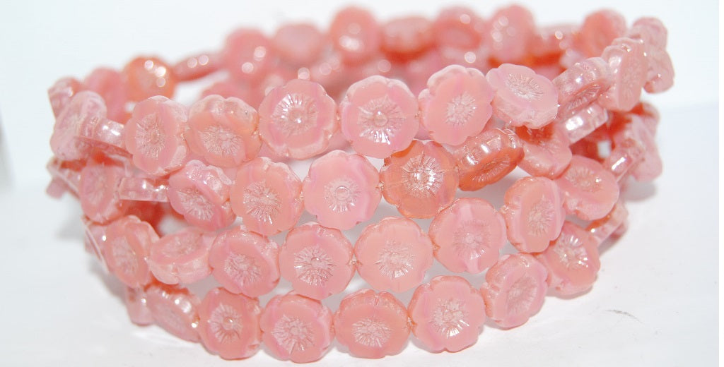 Table Cut Round Beads Hawaii Flowers, Opal Pink Hematite (71010 14400), Glass, Czech Republic