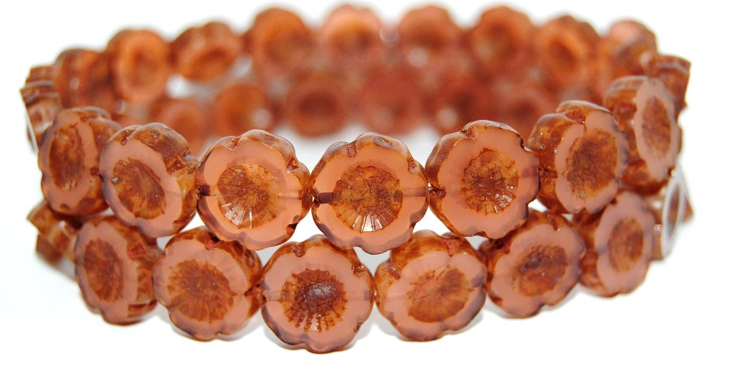 Table Cut Round Beads Hawaii Flowers, Opal Pink Travertin (71010 86800), Glass, Czech Republic