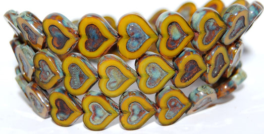 Table Cut Heart Beads With Heart, Opal Yellow Travertin (81210 86800), Glass, Czech Republic