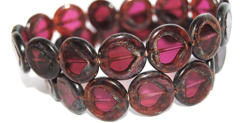 Table Cut Round Beads With Heart, Transparent Pink Travertin (70010 86800), Glass, Czech Republic