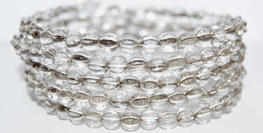 Melon Round Pressed Glass Beads With Stripes, Crystal 81800 (30 81800), Glass, Czech Republic