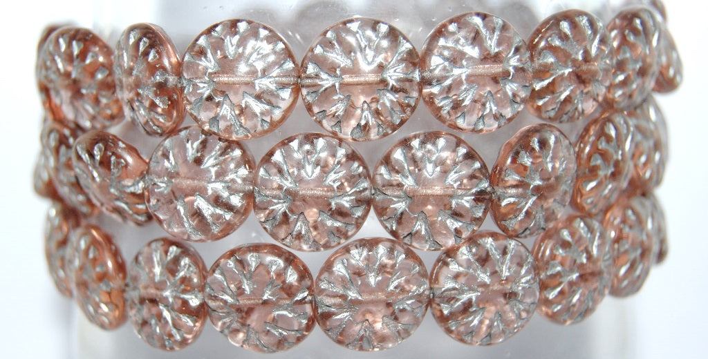 Round Flower Edelweiss Pressed Glass Beads, Transparent Pink 54201 (70110 54201), Glass, Czech Republic
