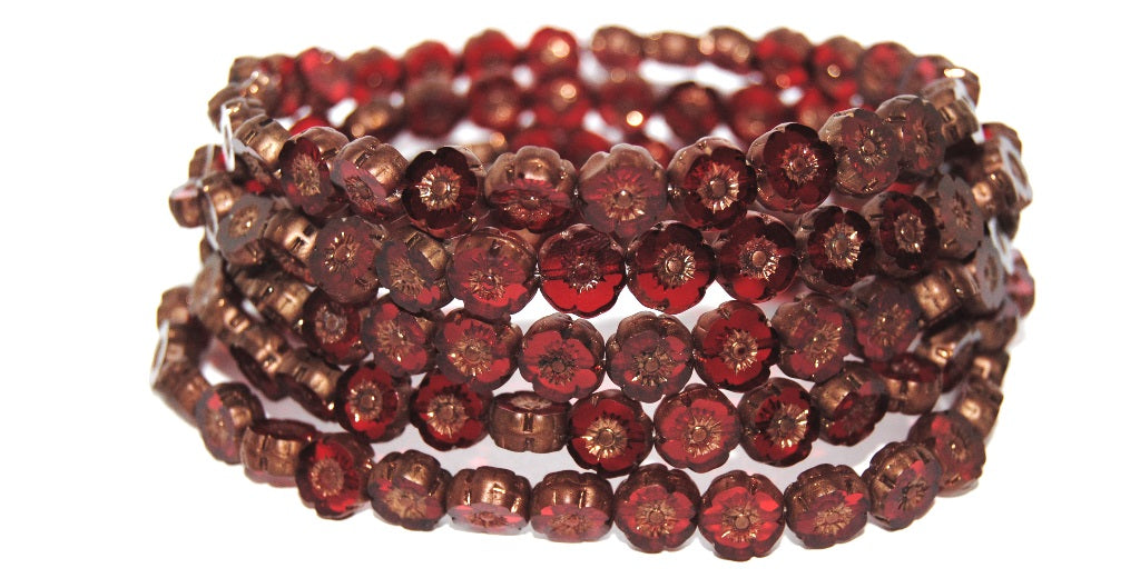 Table Cut Round Beads Hawaii Flowers, Transparent Red Bronze Matte (90090 14415M), Glass, Czech Republic