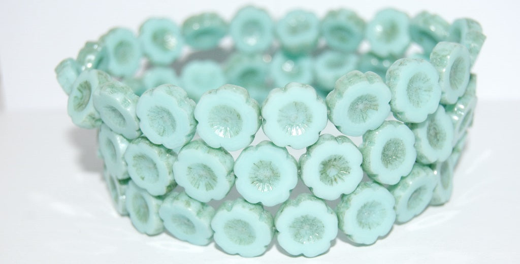 Table Cut Round Beads Hawaii Flowers, Turquise Stain With Luster Green (63100 65455), Glass, Czech Republic