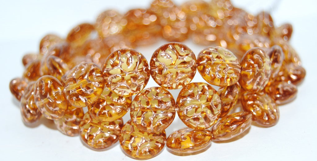 Lentil Round With Ornament Brain Pressed Glass Beads, (10020 54200), Glass, Czech Republic