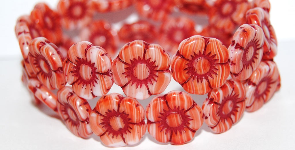 Round Flat Flower Pressed Glass Beads, Green Purple 46490 (95000 46490), Glass, Czech Republic