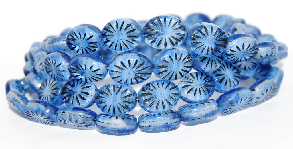 Flat Oval Pressed Glass Beads With Rays, Light Blue White Delay 23202 (65016 23202), Glass, Czech Republic