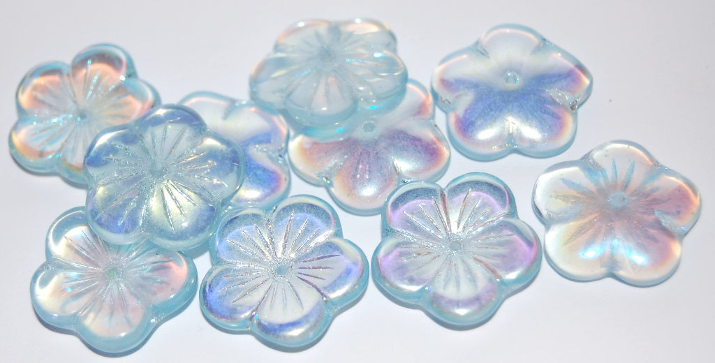 5 Petal Flower Pressed Glass Beads, Transparent Blue Ab (30010 Ab), Glass, Czech Republic