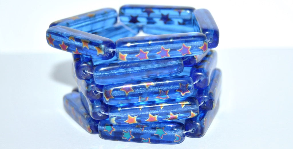 Czech Glass Pressed Beads Rectangle, Transparent Blue Rainbow (30060 Rainbow), Glass, Czech Republic