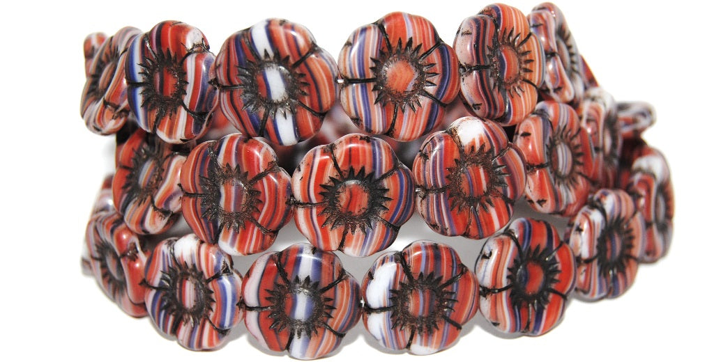Round Flat Flower Pressed Glass Beads, (95333 23202), Glass, Czech Republic