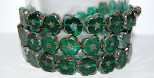 Table Cut Flower Beads, Transparent Green Emerald 43400 (50720 43400), Glass, Czech Republic