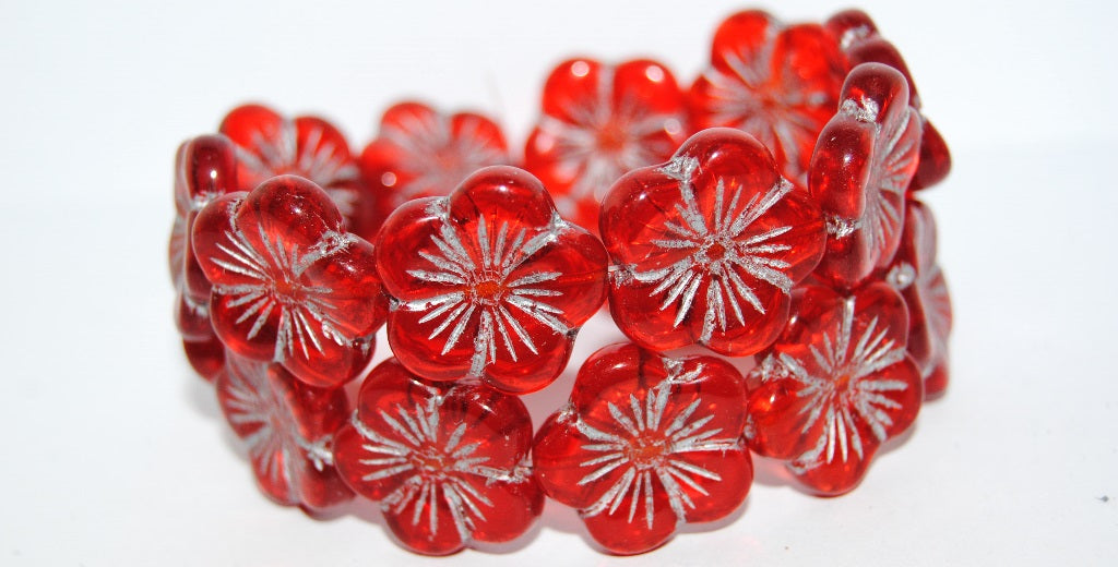 Round Flower Hibiskus Pressed Glass Beads, Transparent Red 54201 (90060 54201), Glass, Czech Republic