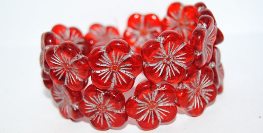 Round Flower Hibiskus Pressed Glass Beads, Transparent Red 54201 (90060 54201), Glass, Czech Republic