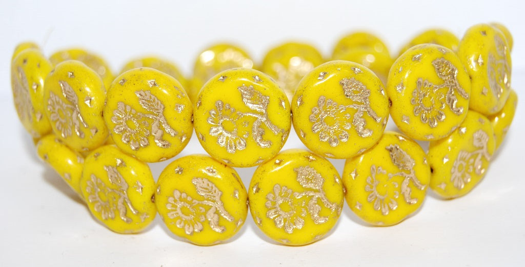 Round Flat With Flower Marguerite Pressed Glass Beads, Bright Yellow 54202 (83130 54202), Glass, Czech Republic