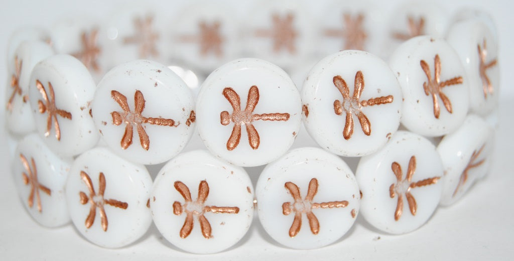 Round Flat Wit Dragonfly Pressed Glass Beads, White 54200 (2010 54200), Glass, Czech Republic