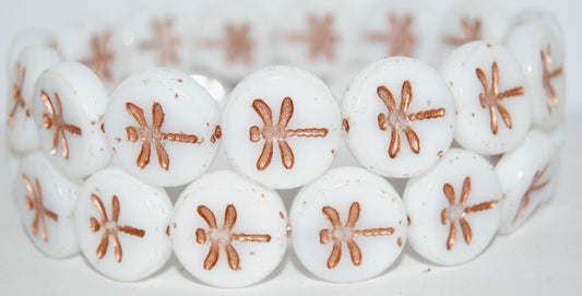 Round Flat Wit Dragonfly Pressed Glass Beads, White 54200 (2010 54200), Glass, Czech Republic