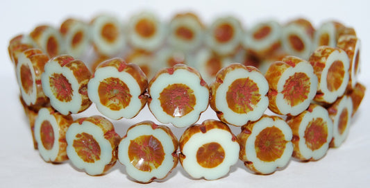 Table Cut Round Beads Hawaii Flowers, 52000B Travertin (52000B 86800), Glass, Czech Republic