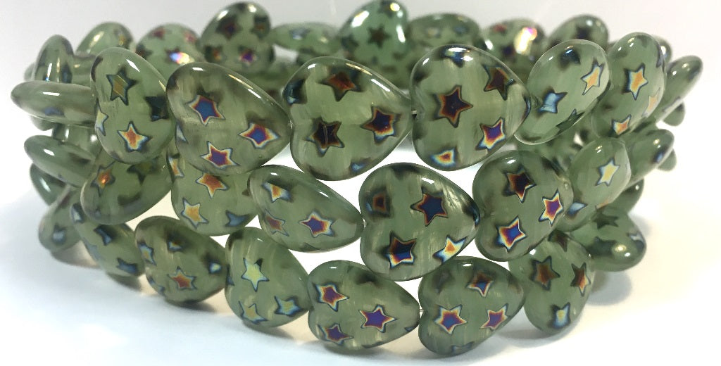 Heart Pressed Glass Beads, Mixed Colors Opal Green Stars 2Xside (Mix Opal Green Stars 2Xside), Glass, Czech Republic