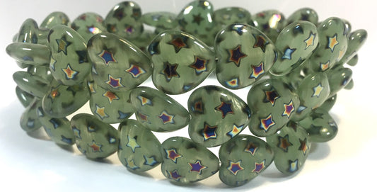 Heart Pressed Glass Beads, Mixed Colors Opal Green Stars 2Xside (Mix Opal Green Stars 2Xside), Glass, Czech Republic