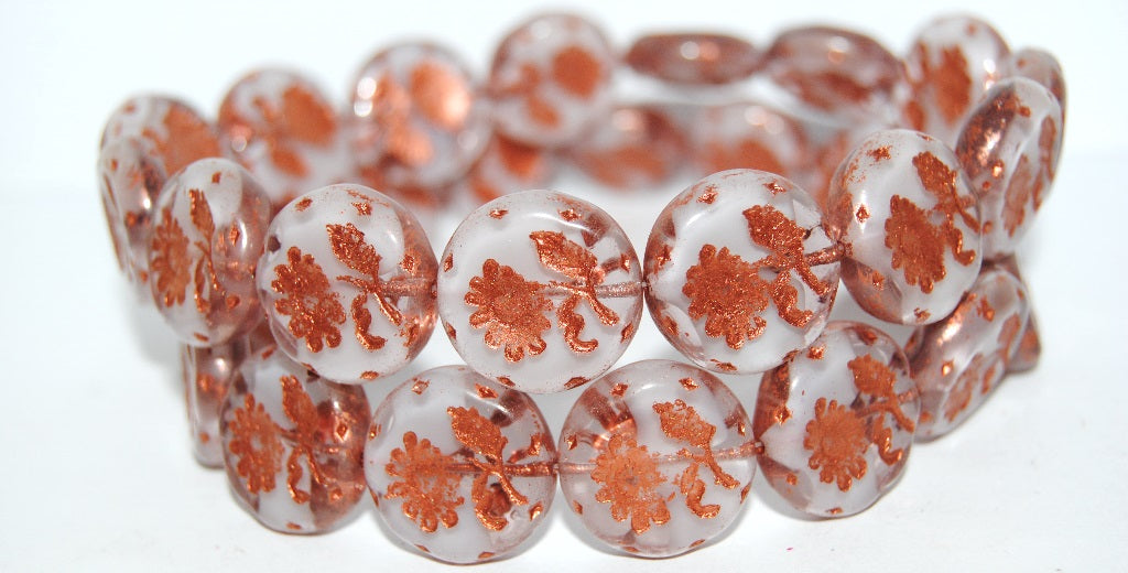 Round Flat With Flower Marguerite Pressed Glass Beads, (6208 55307), Glass, Czech Republic