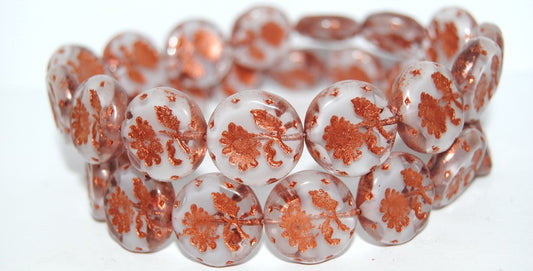 Round Flat With Flower Marguerite Pressed Glass Beads, (6208 55307), Glass, Czech Republic