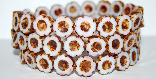 Table Cut Round Beads Hawaii Flowers, 73000 Travertin (73000 86800), Glass, Czech Republic
